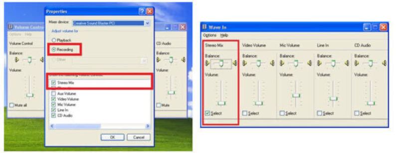 Wybierz opcję Stereo MIX w systemie Windows XP