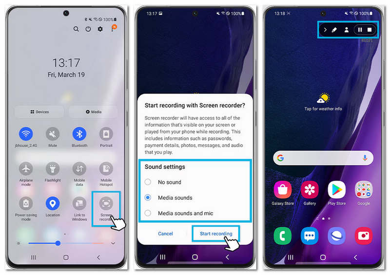 Interface de l'enregistreur d'écran Samsung