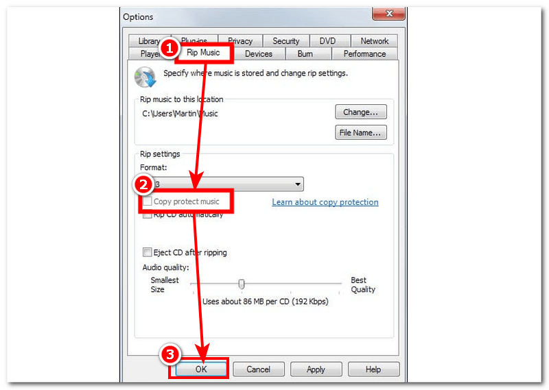 Uncheck Copy Protect Music